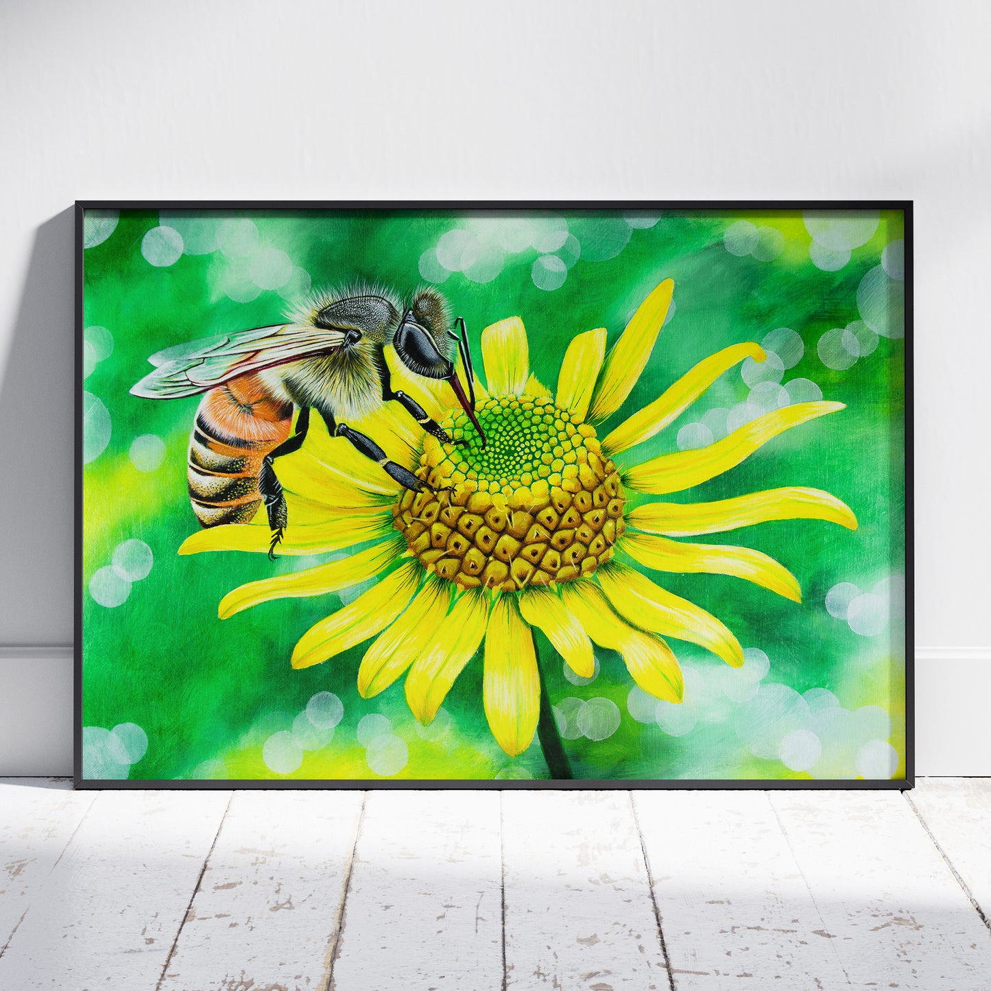 A bee on a flower. Acryllic painting on canvas in a frame