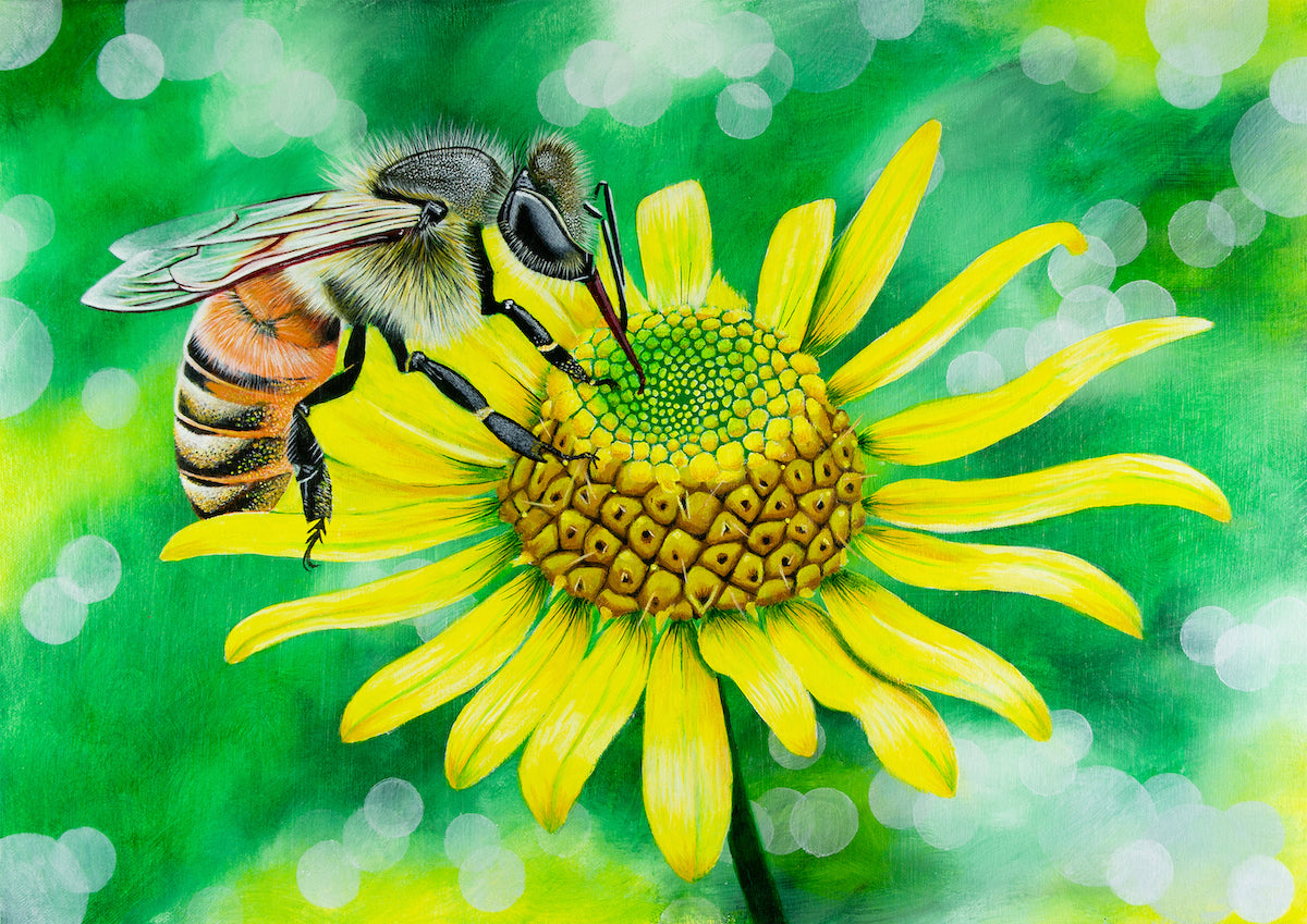 A bee on a flower. Acryllic painting on canvas without border.