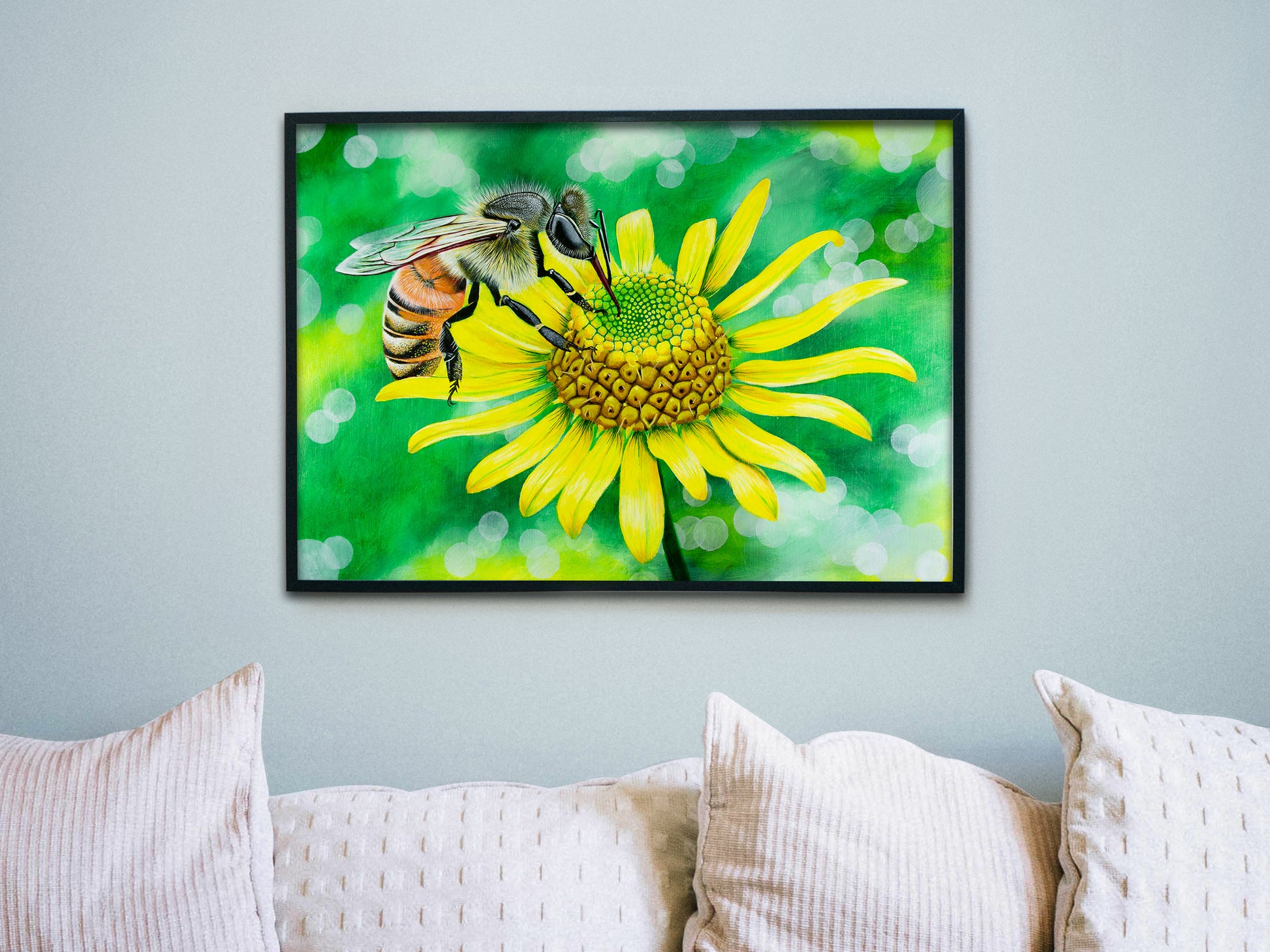 A bee on a flower. Acryllic painting on canvas. Hanging on a wall