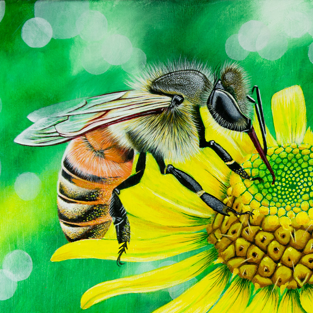 A bee on a flower. Acryllic painting on canvas. Detail close up