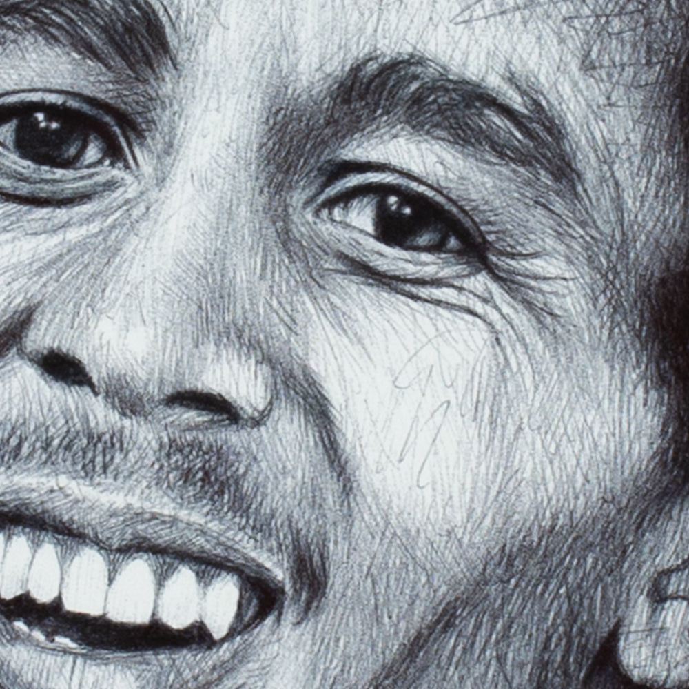 Detail shot, art print of Bob Marley by Graham Bradshaw.