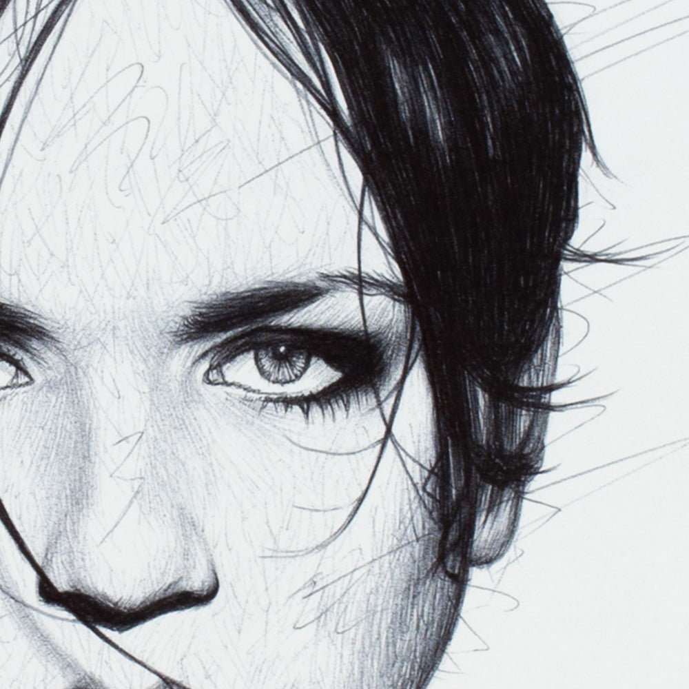 Detail shot, art print of Brian Molko of Placebo by Graham Bradshaw.