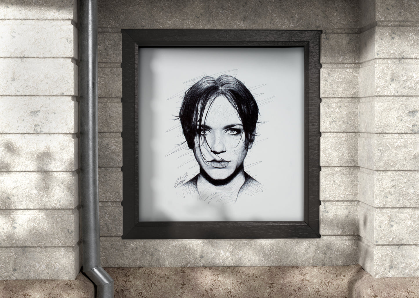 Showcasing an art print of Brian Molko of Placebo  by Graham Bradshaw hanging on a wall.