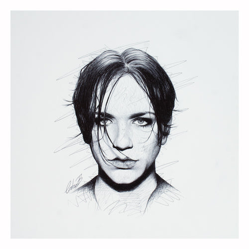 Art print of Brian Molko of Placebo  by Graham Bradshaw showing a border. 