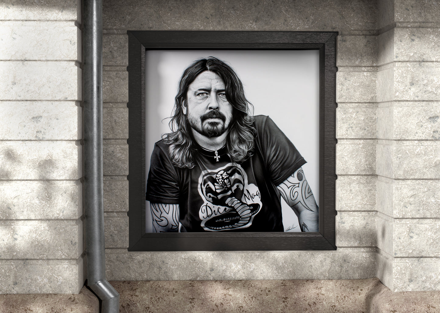 Showcasing an art print of Dave Grohl of the Foo Fighters by Graham Bradshaw hanging on a wall.