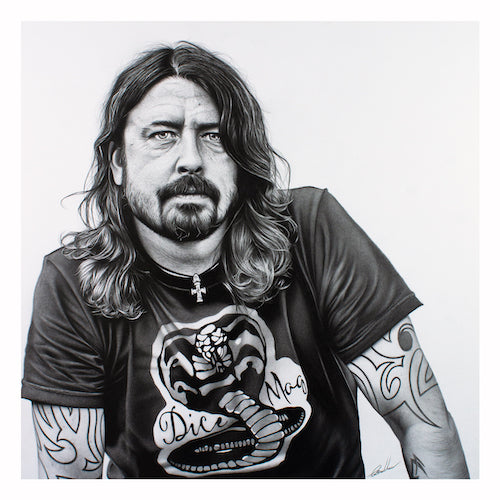 Art print of Dave Grohl of the Foo Fighters by Graham Bradshaw showing a border. 