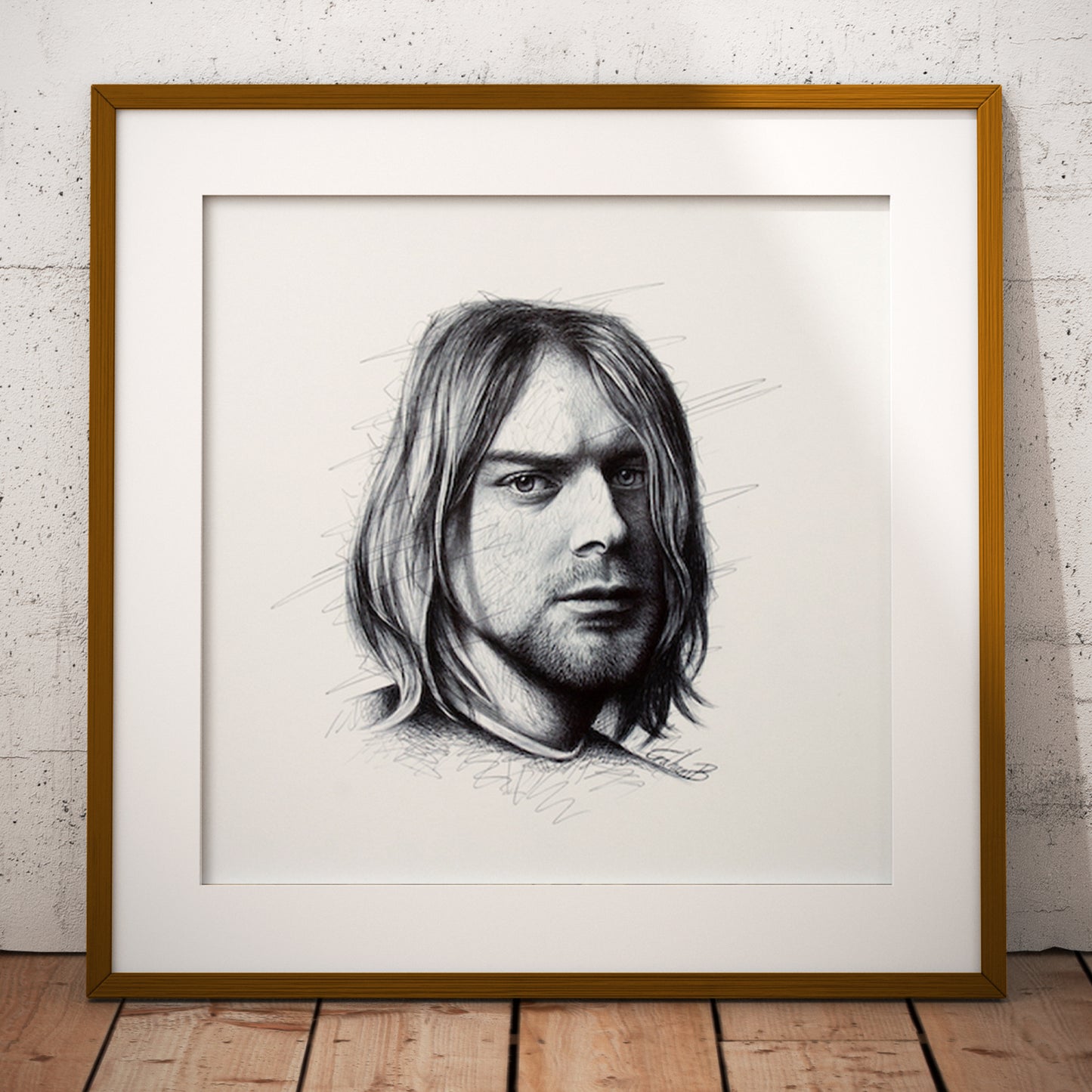 Framed art print of Kurt Cobain by Graham Bradshaw.