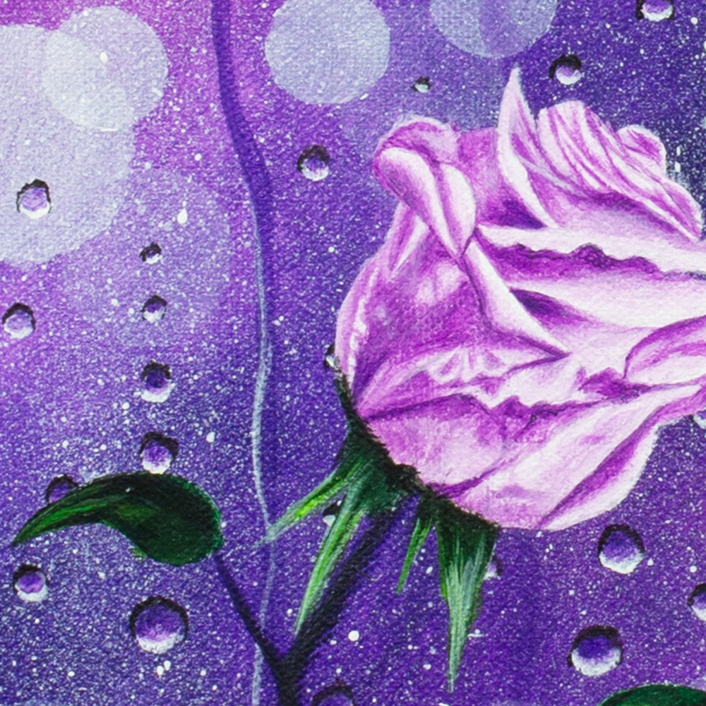 Detail shot, art print of Purple Rain by Graham Bradshaw featuring a rose.