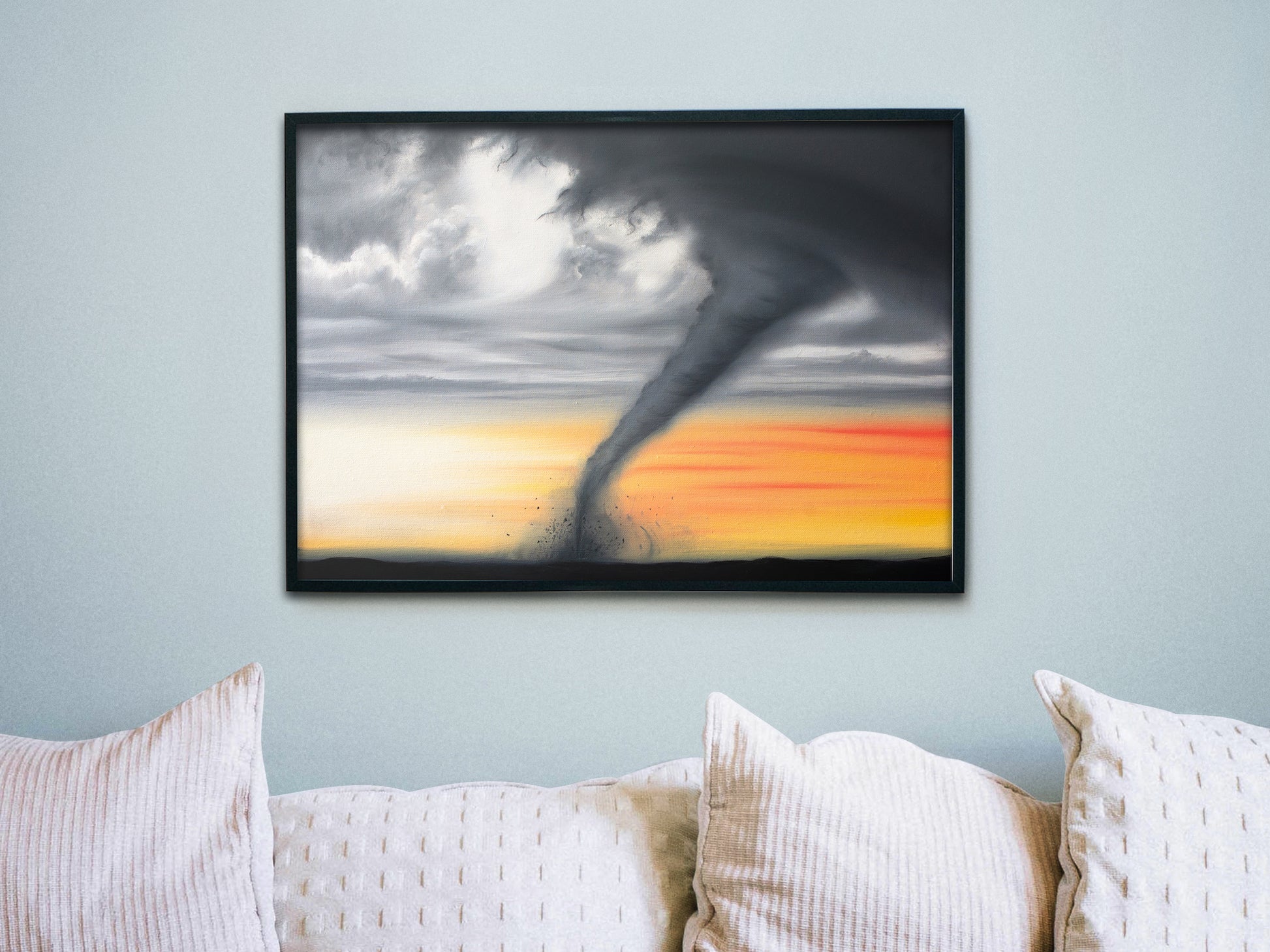 Showcasing an art print of Twister by Graham Bradshaw hanging on a wall.